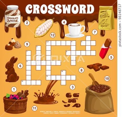 Cocoa and chocolate. Crossword grid. Find a word quiz game, crossword puzzle or playing activity vector worksheet with chocolate bar, paste and candies, cacao beans, hot chocolate drink and cake 98148717