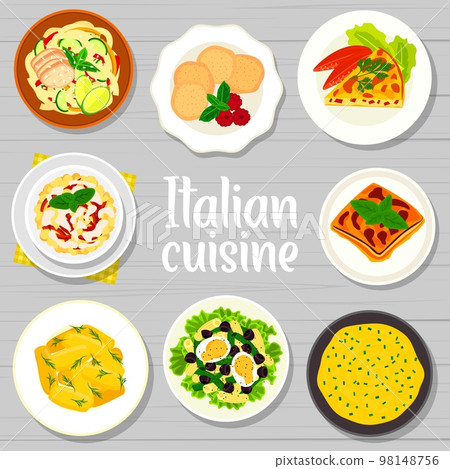Italian cuisine menu cover, vector creamy polenta, tuna salad with pasta and olives. Vegetable omelette frittata, pasta salad with cream sauce, amaretti cookies and with cheese pie crosstata meals Italian cuisine menu cover, vector creamy polenta, tuna salad with pasta and olives. Vegetable omelette frittata, pasta salad with cream sauce, amaretti cookies and with cheese pie crosstata meals 98148756