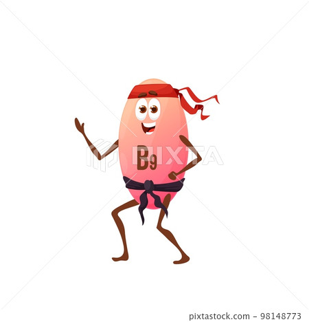 Cartoon vitamin B9 karateka character. Isolated vector Folic acid capsule in black belt perform karate martial arts exercise. Healthy food supplement combat fighter, cute folacin personage Cartoon vitamin B9 karateka character. Isolated vector Folic acid capsule in black belt perform karate martial arts exercise. Healthy food supplement combat fighter, cute folacin personage 98148773