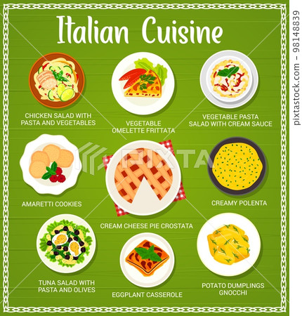 Italian cuisine menu vector chicken salad with pasta and vegetables, omelette frittata, pasta salad with cream sauce, amaretti cookies. Cheese pie crosstata, creamy polenta and tuna salad Italy meals 98148839