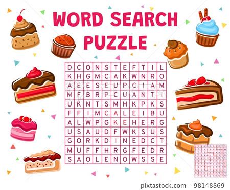 Cakes, cupcakes and pie, word search puzzle game, vector worksheet. Quiz riddle grid to search and find word of pastry desserts and bakery cakes, cheesecake or pudding with muffin and souffle 98148869