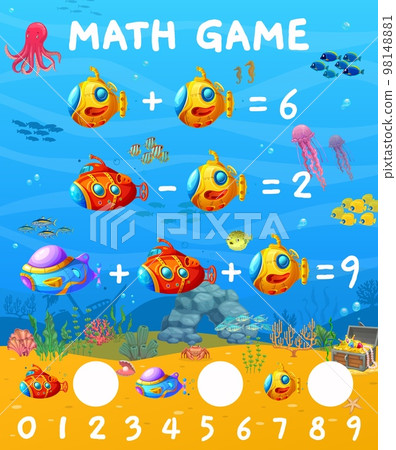 Cartoon submarine and bathyscaphe, underwater landscape. Math game worksheet. Vector arithmetic riddle for kids, mathematics learning puzzle for school or preschool children with cute sub boats in sea Cartoon submarine and bathyscaphe, underwater landscape. Math game worksheet. Vector arithmetic riddle for kids, mathematics learning puzzle for school or preschool children with cute sub boats in sea 98148881