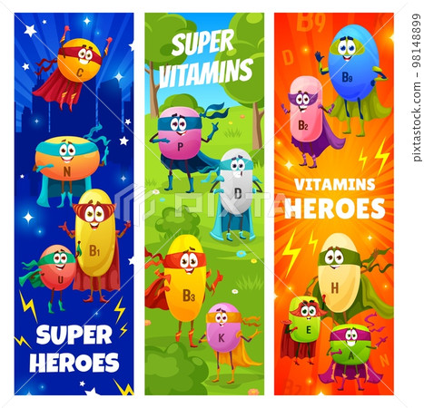 Cartoon cheerful superhero vitamin characters. Vector banners with hero C, N, B1 and U, P and D, B3 or K. B2, B9, H, E and A superhero defenders, medical pills personages wear cape and mask 98148899