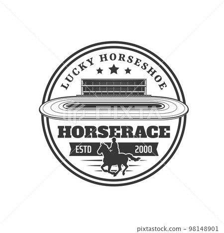 Horserace icon of equestrian sport competition. Vector horse or racehorse animal and jockey silhouettes with hippodrome isolated round badge of derby, horse race tournament or horseback riding club Horserace icon of equestrian sport competition. Vector horse or racehorse animal and jockey silhouettes with hippodrome isolated round badge of derby, horse race tournament or horseback riding club 98148901