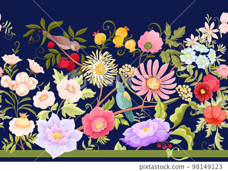 Fantasy flowers and birds in retro, vintage, jacobean embroidery style.  98149123