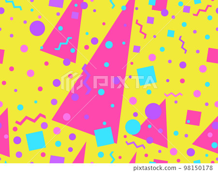 Seamless pattern with geometric shapes in 80s memphis style. Colorful geometric pattern. Design for promotional products, wrapping paper, brochures and printing. Vector illustration Seamless pattern with geometric shapes in 80s memphis style. Colorful geometric pattern. Design for promotional products, wrapping paper, brochures and printing. Vector illustration 98150178