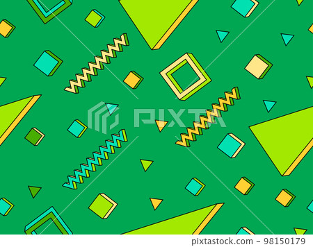Geometric seamless pattern with memphis elements in 80s style. 3d geometric shapes with stroke. Colorful background. Design of promotional products, wrapping paper and printing. Vector illustration Geometric seamless pattern with memphis elements in 80s style. 3d geometric shapes with stroke. Colorful background. Design of promotional products, wrapping paper and printing. Vector illustration 98150179