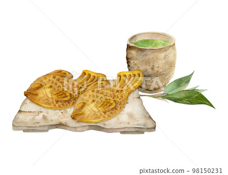 Watercolor hand drawn traditional Japanese sweets. Ceramic dish, wagashi with tea and leaves. Isolated on white background. Design for invitations, restaurant menu, greeting cards, print, textile Watercolor hand drawn traditional Japanese sweets. Ceramic dish, wagashi with tea and leaves. Isolated on white background. Design for invitations, restaurant menu, greeting cards, print, textile 98150231