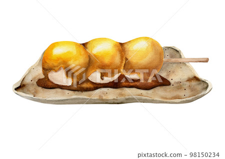 Watercolor hand drawn traditional Japanese sweets. Ceramic dish with mitarashi dango. Isolated on white background. Design for invitations, restaurant menu, greeting cards, print, textile 98150234
