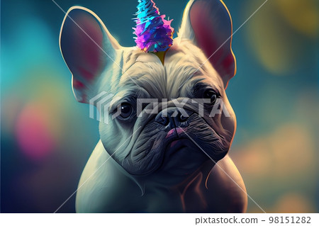 Cute portrait of brown puppy french bulldog in unicorn horn 98151282