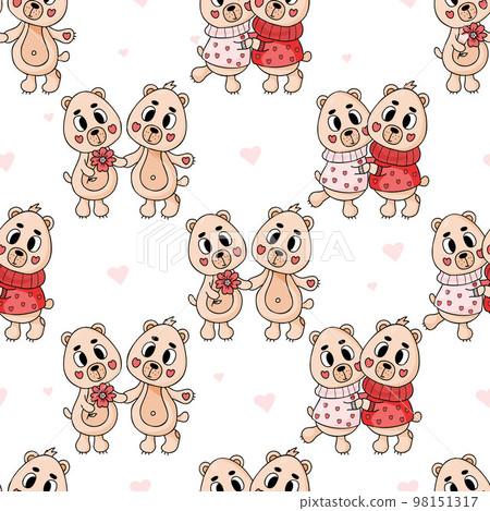 Seamless pattern with cute teddy bears on white background with hearts. Vector illustration. Romantic endless background for valentines, wallpapers, packaging, print 98151317