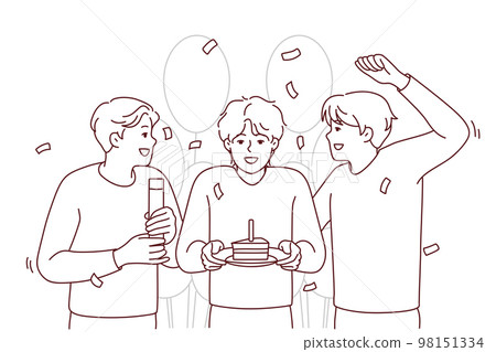 Guy greeting friend with cake Guy greeting friend with cake 98151334