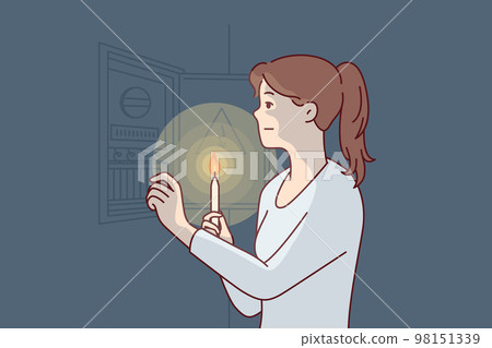 Woman with burning candle approaches power shield to find out reason for energy outage. Vector image Woman with burning candle approaches power shield to find out reason for energy outage. Vector image 98151339