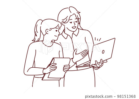 Businesswomen brainstorming working on laptop Businesswomen brainstorming working on laptop 98151368