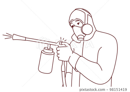 Male exterminator spraying pesticide  98151419