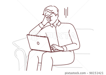 Unhealthy man work on laptop suffer from headache Unhealthy man work on laptop suffer from headache 98151421