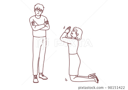 Woman kneel in front of man ask forgiveness Woman kneel in front of man ask forgiveness 98151422
