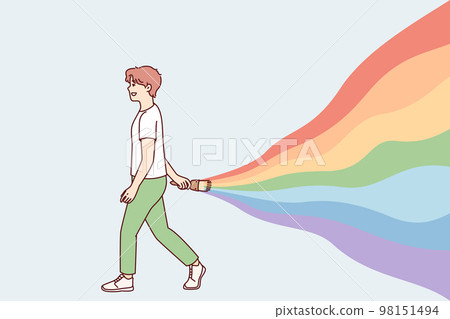 Young guy walks leaving behind rainbow symbolizes carelessness and positive attitude. Vector image Young guy walks leaving behind rainbow symbolizes carelessness and positive attitude. Vector image 98151494