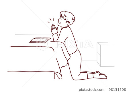 Small boy kneel pray at home  Small boy kneel pray at home  98151508