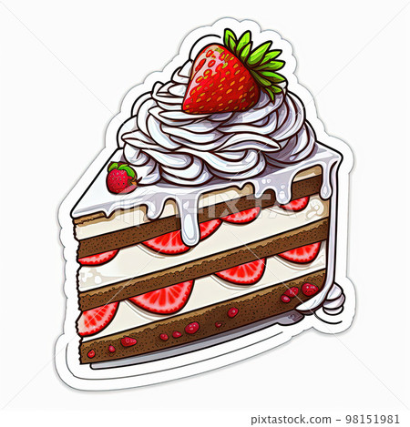 Piece of chocolate cake with cream and glaze icing, strawberry top. Outline sticker, cartoon style with contour on white background for greeting card, patches, print for clothes, badge, poster, menu 98151981