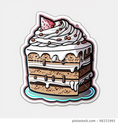 Piece of chocolate cake with cream and glaze icing, strawberry top. Outline sticker, cartoon style with contour on white background for greeting card, patches, print for clothes, badge, poster, menu Piece of chocolate cake with cream and glaze icing, strawberry top. Outline sticker, cartoon style with contour on white background for greeting card, patches, print for clothes, badge, poster, menu 98151993