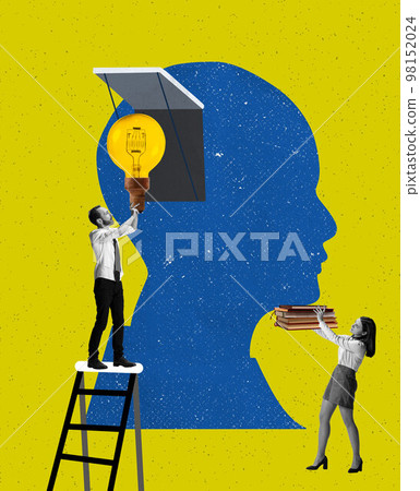 Self-education. Contemporary art collage. Concept of business, personal and professional growth, personality psychology, achievement and business goals 98152024