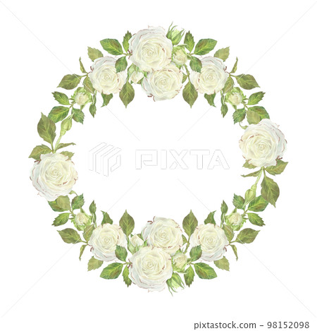 Round wreath of white roses and buds with leaves. Place for inscription or text. Watercolor illustration. Isolated on a white background. For design of dishes, greeting card, wedding invitation 98152098