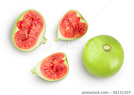 Ripe green fig fruit isolated on white background with full depth of field. Top view. Flat lay. Ripe green fig fruit isolated on white background with full depth of field. Top view. Flat lay. 98152307