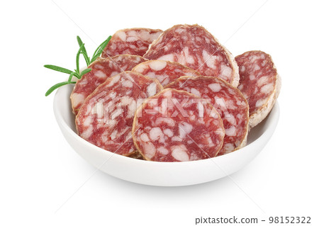 Cured salami sausage in ceramic bowl isolated on white background. Italian cuisine with full depth of field 98152322