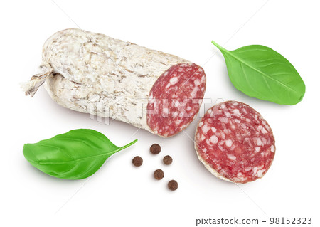 Cured salami sausage isolated on white background. Italian cuisine with full depth of field. Top view. Flat lay 98152323