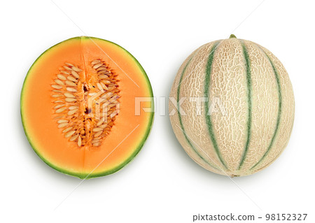 Cantaloupe melon isolated on white background with full depth of field. Top view. Flat lay Cantaloupe melon isolated on white background with full depth of field. Top view. Flat lay 98152327