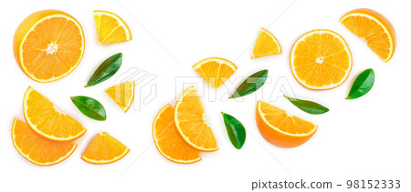 orange with leaves isolated on white background with copy space for your text. Top view. Flat lay 98152333