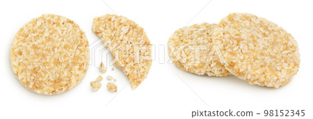 coconut cookies with white flax seeds and honey isolated on white background. Healthy food. Top view. Flat lay coconut cookies with white flax seeds and honey isolated on white background. Healthy food. Top view. Flat lay 98152345