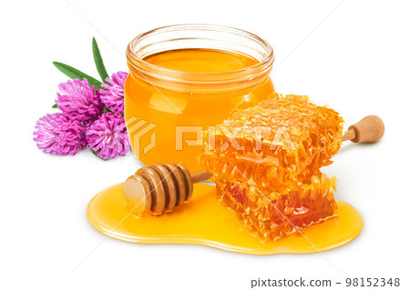 Honeycombs and honey puddle isolated on white background with full depth of field Honeycombs and honey puddle isolated on white background with full depth of field 98152348