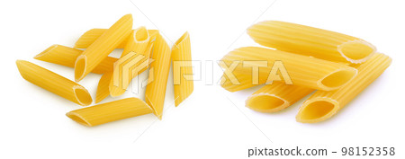Raw italian penne rigate pasta isolated on white background with full depth of field. Top view. Flat lay Raw italian penne rigate pasta isolated on white background with full depth of field. Top view. Flat lay 98152358