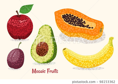 Set of fruits in mosaic style with small polygonal shapes. Apple, plum, avocado, banana, papaya. Vector isolated illustration. 98153362