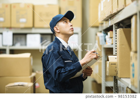 一個穿著工作服的男人在配送倉庫檢查 98153382