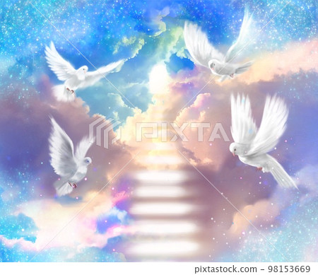 通往天堂的雲層樓梯和四隻白鴿在五顏六色的天空和陽光下飛翔的奇幻背景插圖 98153669