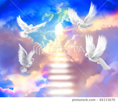 Fantasy background illustration of a staircase of clouds leading to heaven and four white doves flying around a colorful sky and sunlight 98153670