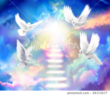 Fantasy background illustration of a staircase of clouds leading to heaven and four white doves flying around a colorful sky and sunlight Fantasy background illustration of a staircase of clouds leading to heaven and four white doves flying around a colorful sky and sunlight 98153677