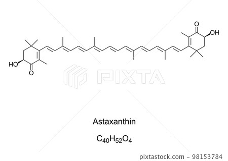 Astaxanthin, red coloring pigment, chemical formula. Animals who feed on the astaxanthin producing algae, salmon, flamingos and crustaceans, reflect the red-orange pigmentation. A dietary supplement. 98153784