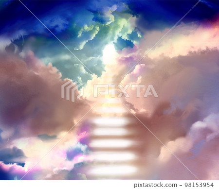 一幅夢幻般的天堂風景插圖,描繪了穿過雲層的神聖之光和通往天堂的光之階梯 一幅夢幻般的天堂風景插圖,描繪了穿過雲層的神聖之光和通往天堂的光之階梯 98153954