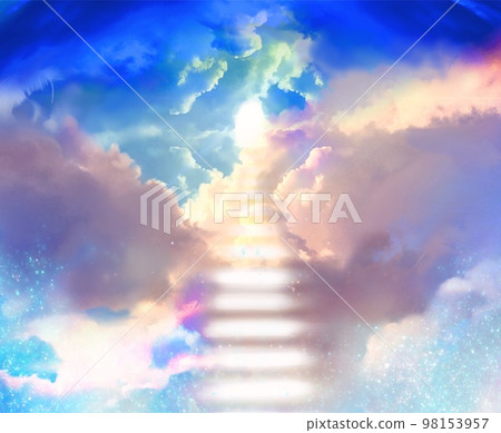 一幅夢幻般的天堂風景插圖,描繪了穿過雲層的神聖之光和通往天堂的光之階梯 一幅夢幻般的天堂風景插圖,描繪了穿過雲層的神聖之光和通往天堂的光之階梯 98153957