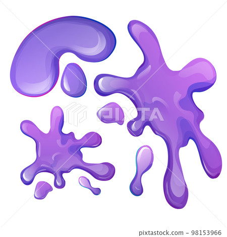 Set glossy purple slime, sticky splat with drops in cartoon style isolated on white background. 98153966