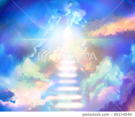 A fantastic heavenly landscape illustration of a divine light that shines through the clouds and a stairway of light leading to heaven 98154049