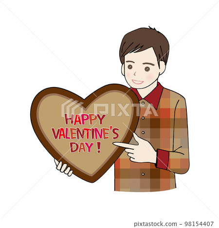 A man holding a heart-shaped chocolate and pointing A man holding a heart-shaped chocolate and pointing 98154407