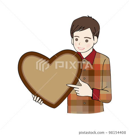 A man pointing with a heart chocolate text space 98154408