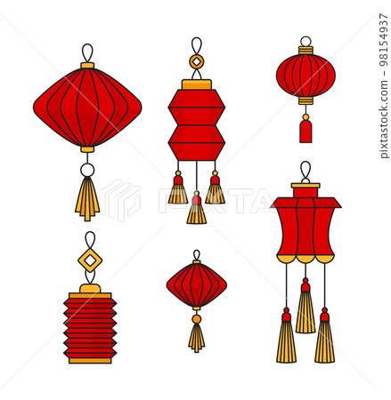Chinese red lantern set. Hanging paper lamps. Chinese New Year. 98154937