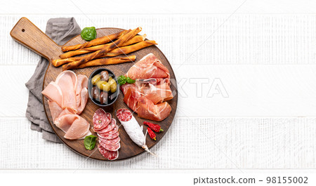 Antipasto board with various meat and snacks Antipasto board with various meat and snacks 98155002