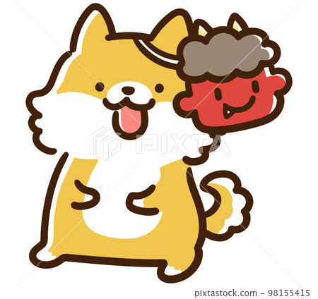 Hand-drawn deformed illustration of a cute Shiba Inu character wearing a demon mask 98155415